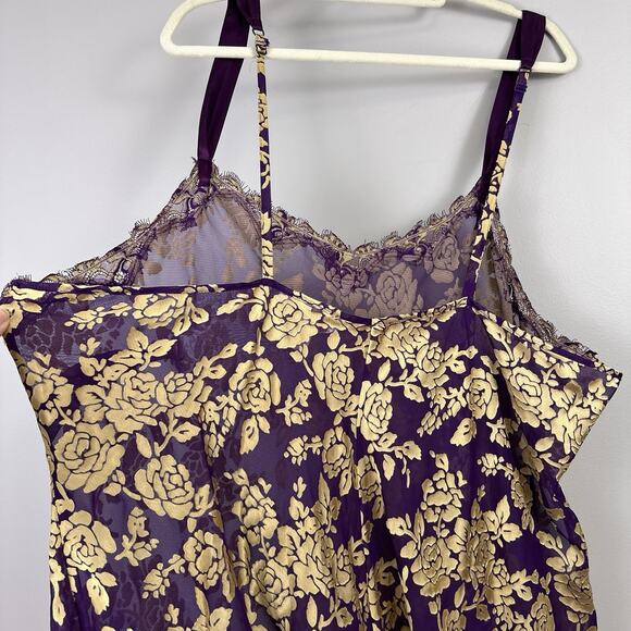 Cacique Chemise Nighty Size 26/28 Purple Gold Floral Lace Semi-Sheer Negligee - Picture 8 of 10